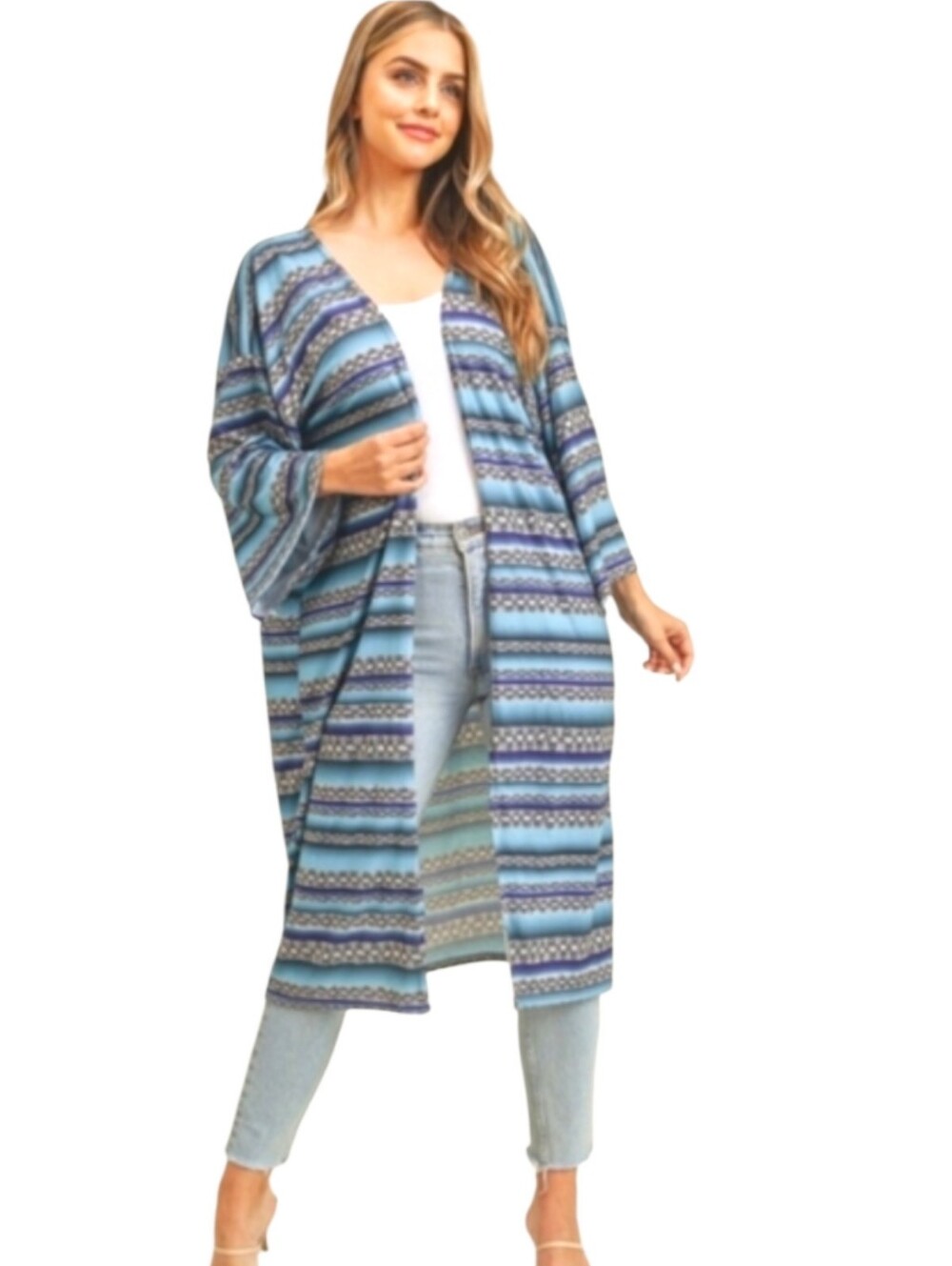 tpo Striped Snakeskin Blue/Gray/Black/White Open Front Duster Cardigan NWT OSFM
